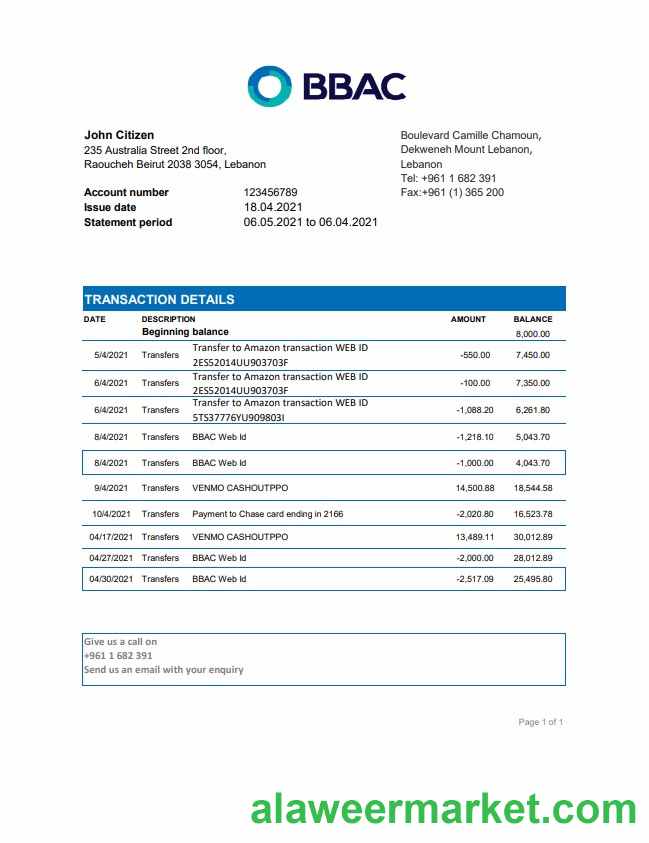 Lebanon BBAC Bank statement easy to fill template in .xls and .pdf file format